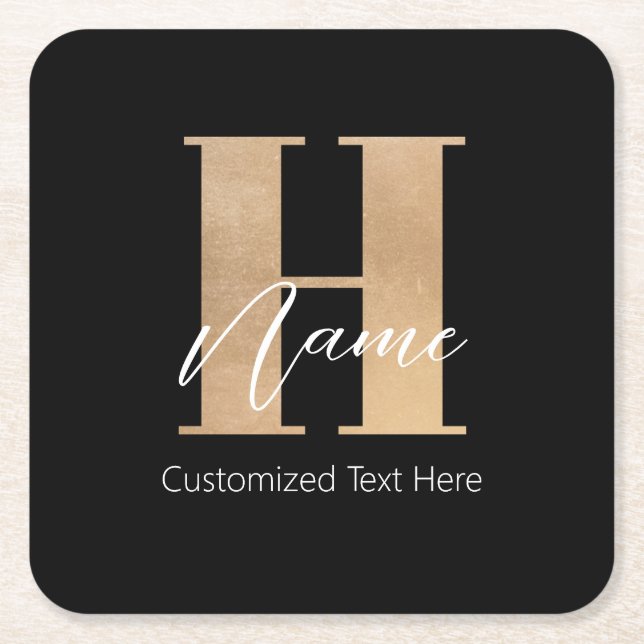 Modern Monogrammed Initial H & Name Personalised Square Paper Coaster (Front)