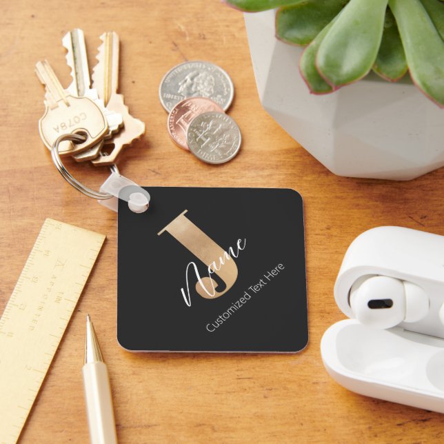 Modern Monogrammed Initial J & Name Personalised Key Ring (Desk)