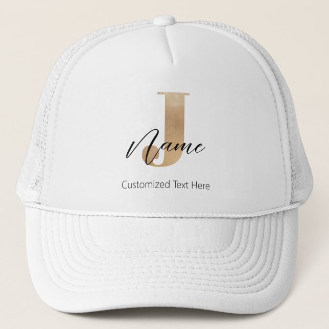 Modern Monogrammed Initial J & Name Personalised Trucker Hat (Front)