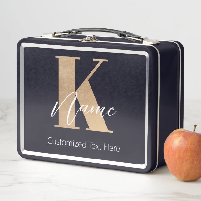Modern Monogrammed Initial K & Name Personalised Metal Lunch Box (In Situ)