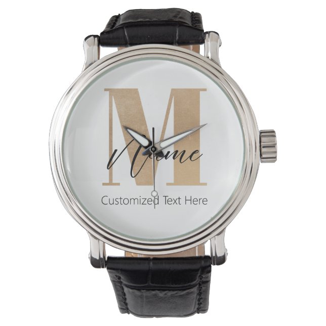Modern Monogrammed Initial M & Name Personalised Watch (Front)