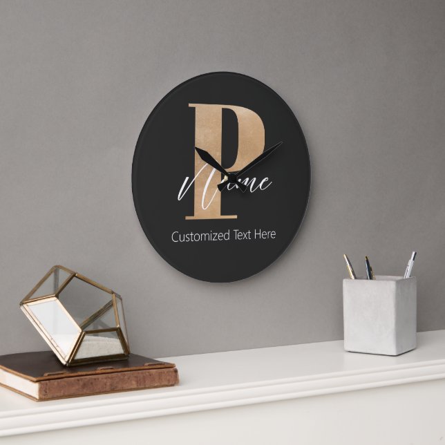 Modern Monogrammed Initial P & Name Personalised Large Clock (Office)