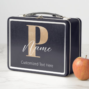 Modern Monogrammed Initial P & Name Personalised Metal Lunch Box