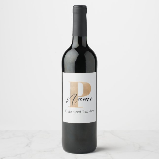 Modern Monogrammed Initial P & Name Personalised Wine Label (Front)