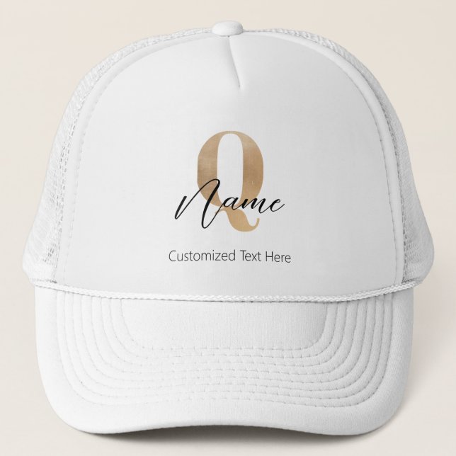 Modern Monogrammed Initial Q & Name Personalised Trucker Hat (Front)