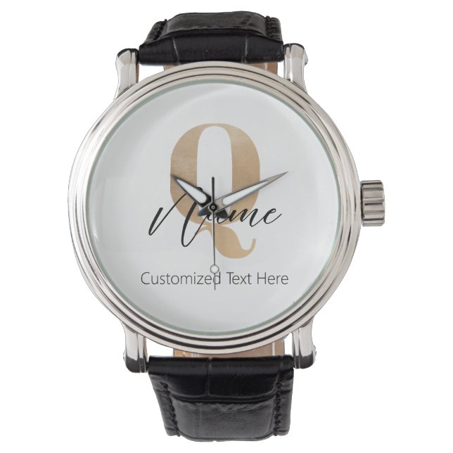 Modern Monogrammed Initial Q & Name Personalised Watch (Front)