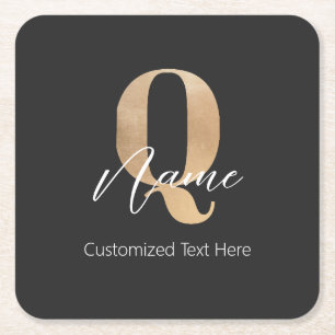 Modern Monogrammed Initial Q & Name Personalized Square Paper Coaster