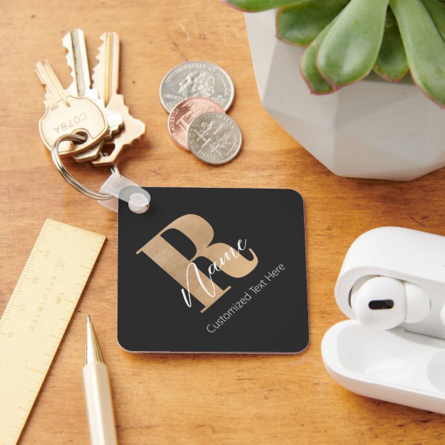 Modern Monogrammed Initial R & Name Personalised Key Ring (Desk)