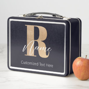 Modern Monogrammed Initial R & Name Personalised Metal Lunch Box