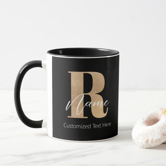 Modern Monogrammed Initial R & Name Personalised Mug (With Donut)