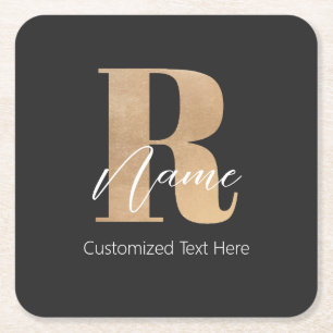 Modern Monogrammed Initial R & Name Personalised Square Paper Coaster