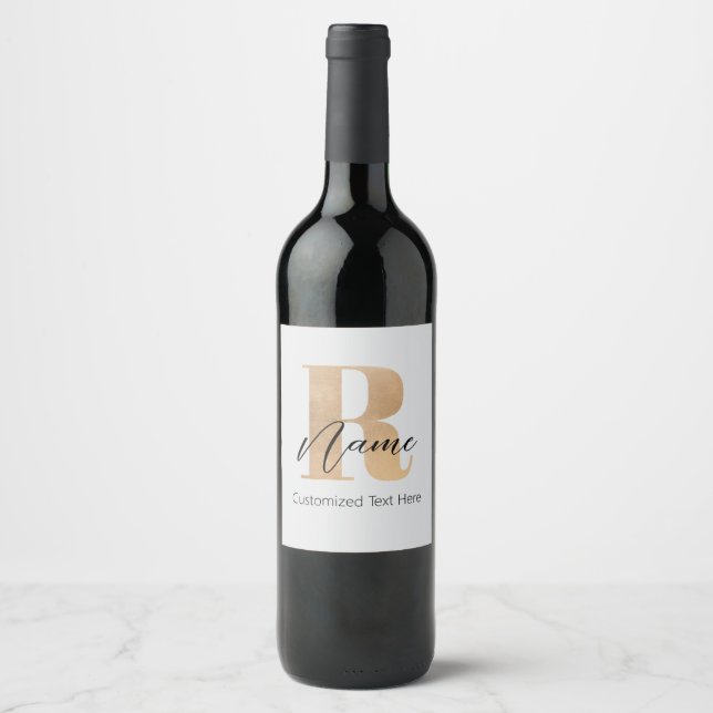 Modern Monogrammed Initial R & Name Personalised Wine Label (Front)