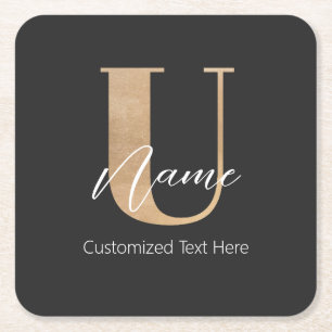Modern Monogrammed Initial U & Name Personalised Square Paper Coaster