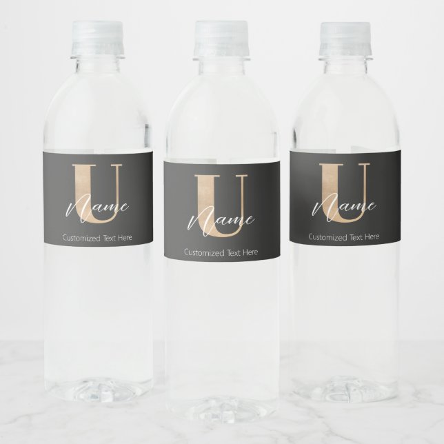 Modern Monogrammed Initial U & Name Personalised Water Bottle Label (Bottles)