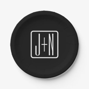 Modern Monogrammed Initials Black & White Paper Plate