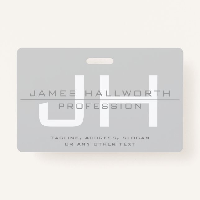 Modern Monogrammed Initials (or other text) Grey ID Badge (Front)