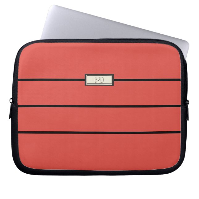 Modern Monogrammed Initials Red Black Minimalist Laptop Sleeve (Front)
