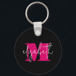 Modern Monogrammed Key Ring<br><div class="desc">Stylish monogram initial and your first name in chic pink and white lettering on black are featured on this fun key chain.</div>