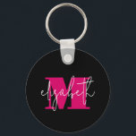 Modern Monogrammed Key Ring<br><div class="desc">Stylish monogram initial and your first name in chic pink and white lettering on black are featured on this fun key chain.</div>