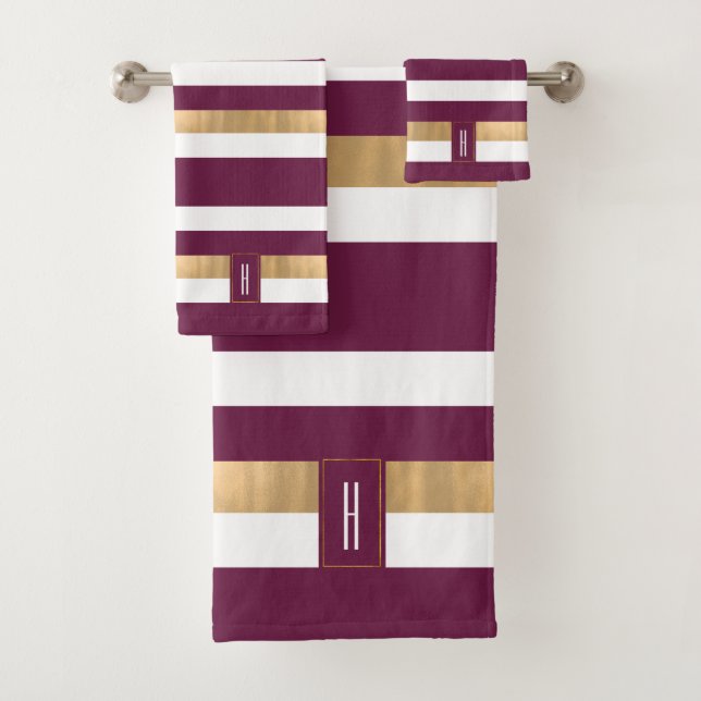 Modern Monogrammed Maroon Striped  Bath Towel Set (Insitu)