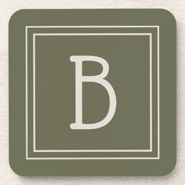Modern Monogrammed Moss Green & Off White Initial Coaster (Front)