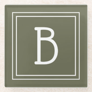 Modern Monogrammed Moss Green & White Initial Glass Coaster