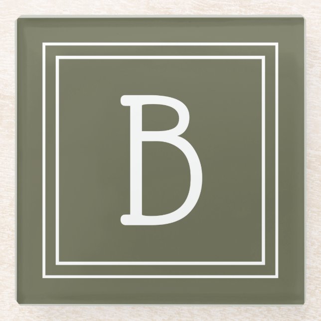 Modern Monogrammed Moss Green & White Initial Glass Coaster (Front)