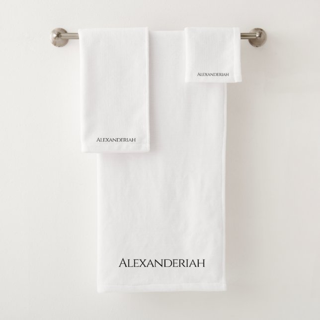 Modern Monogrammed Name Black and White Bath Towel Set (Insitu)