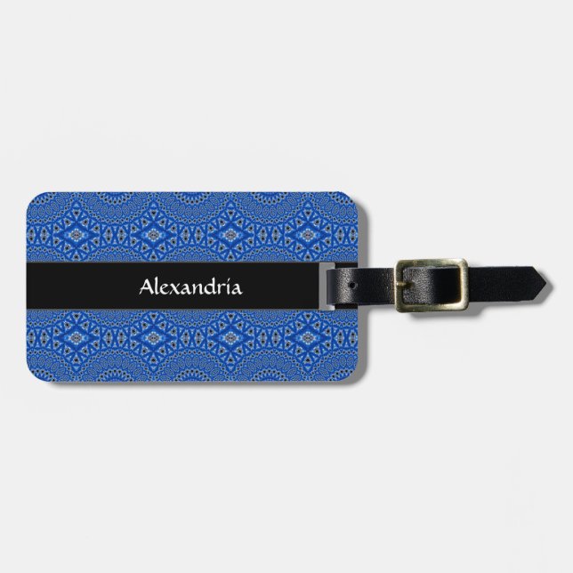 Modern Monogrammed Name Initial Blue Pattern Luggage Tag (Front Horizontal)