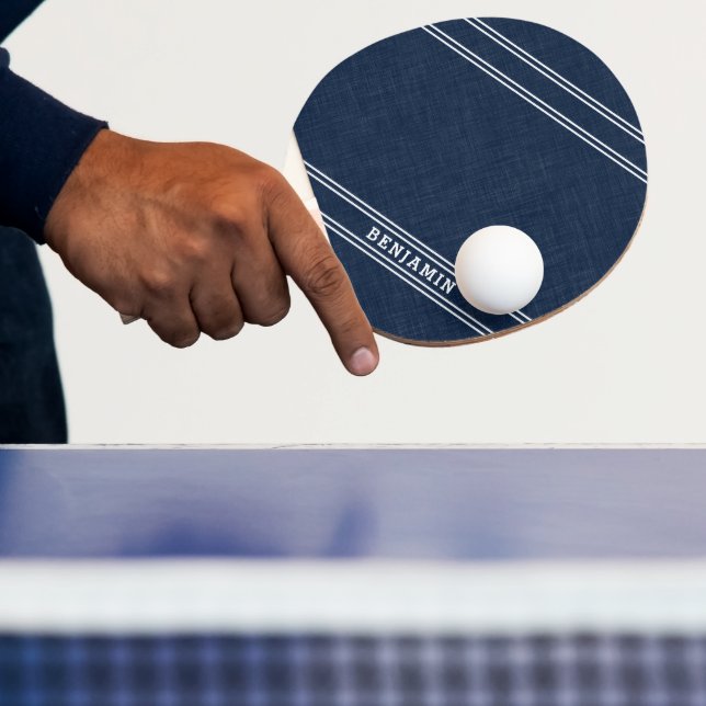 Modern Monogrammed Navy Blue White Stripes Ping Pong Paddle (Insitu)
