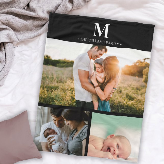 Modern monogrammed photo collage black & white fleece blanket (Creator Uploaded)