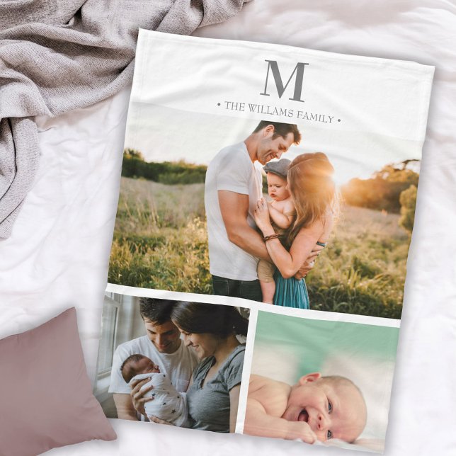 Modern monogrammed photo collage Grey & white Fleece Blanket (Creator Uploaded)