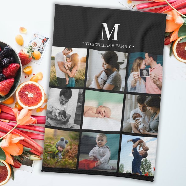 Modern monogrammed photo collage instagram black tea towel (Creator Uploaded)