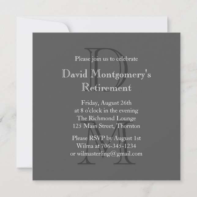 Modern Monogrammed Retirement Invitation (grey) (Front)