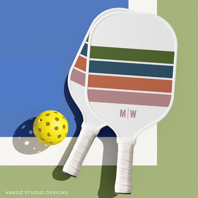 Modern Monogrammed Retro Stripes Pickleball Paddle (Personalize front of paddle with initials.)