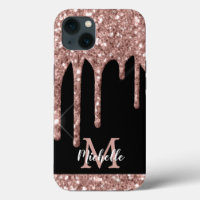 Modern Monogrammed Rose Gold Glitter Drips
