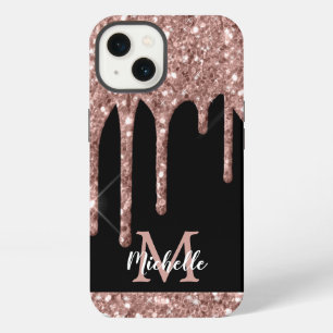 Modern Monogrammed Rose Gold Glitter Drips iPhone 13 Case