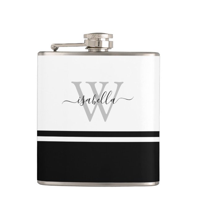 Modern Monogrammed Script Black White Hip Flask (Front)