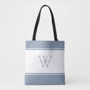 Modern Monogrammed Script Dusty Blue Tote Bag