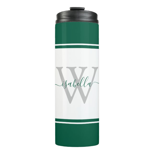 Modern Monogrammed Script Emerald Green Thermal Tumbler (Front)