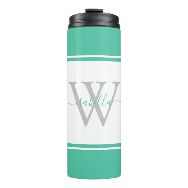 Modern Monogrammed Script Mint Thermal Tumbler (Front)