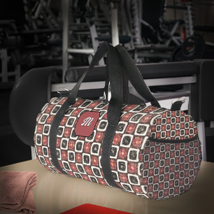 Modern Monogrammed Script Stylish Black Red Duffle Bag