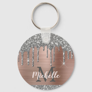 Modern Monogrammed Silver Glitter Drips Pink Metal Key Ring