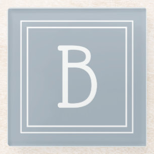 Modern Monogrammed Soft Blue & White Initial Glass Coaster