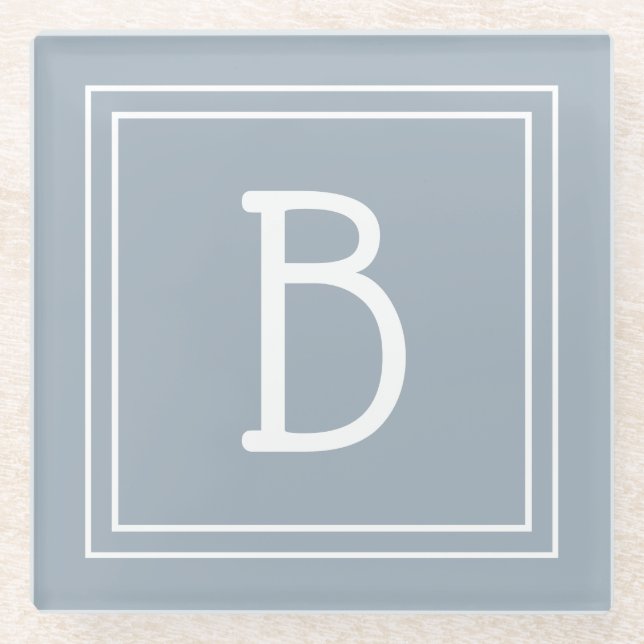 Modern Monogrammed Soft Blue & White Initial Glass Coaster (Front)