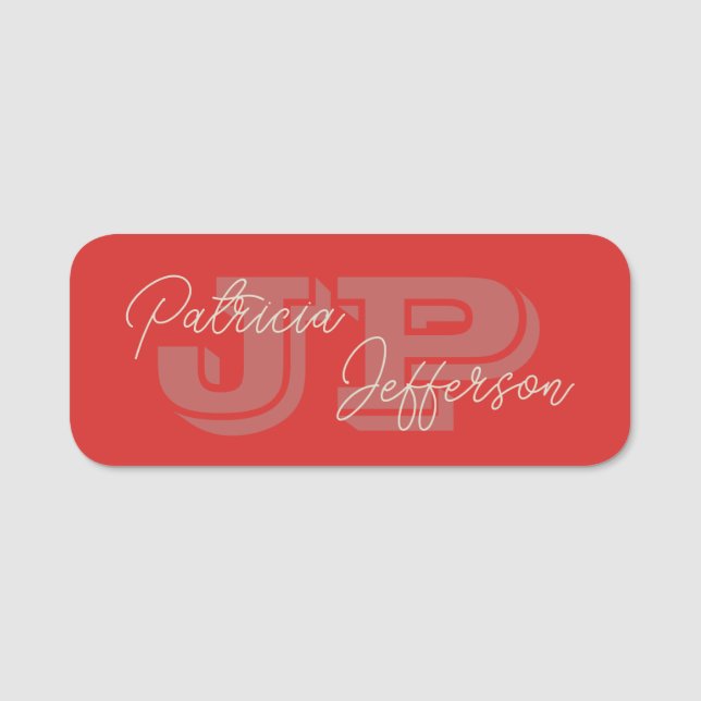 Modern Monogrammed Tomato Red: Elegant Handwritten Name Tag (Front)
