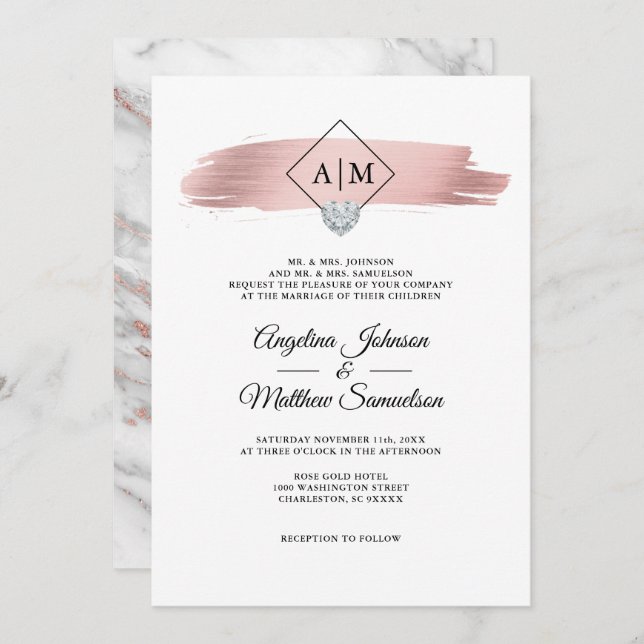 Modern Monograms Rose Gold Marble Heart Wedding Invitation (Front/Back)