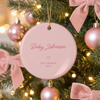 Modern Monoline Script Expecting Couple Photo Pink Ceramic Tree Decoration