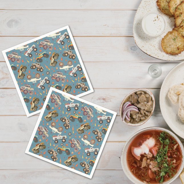 Modern Monster Truck Birthday Watercolor Blue Napkin (Creator Uploaded)