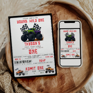 Modern Monster Trucks 1st Birthday Party Invitation